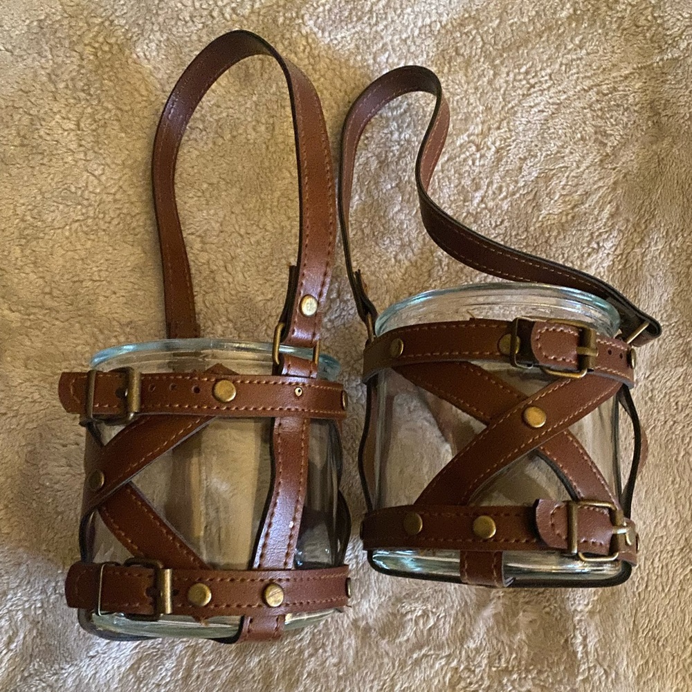 Vintage candle holder / flower pots with leather holders